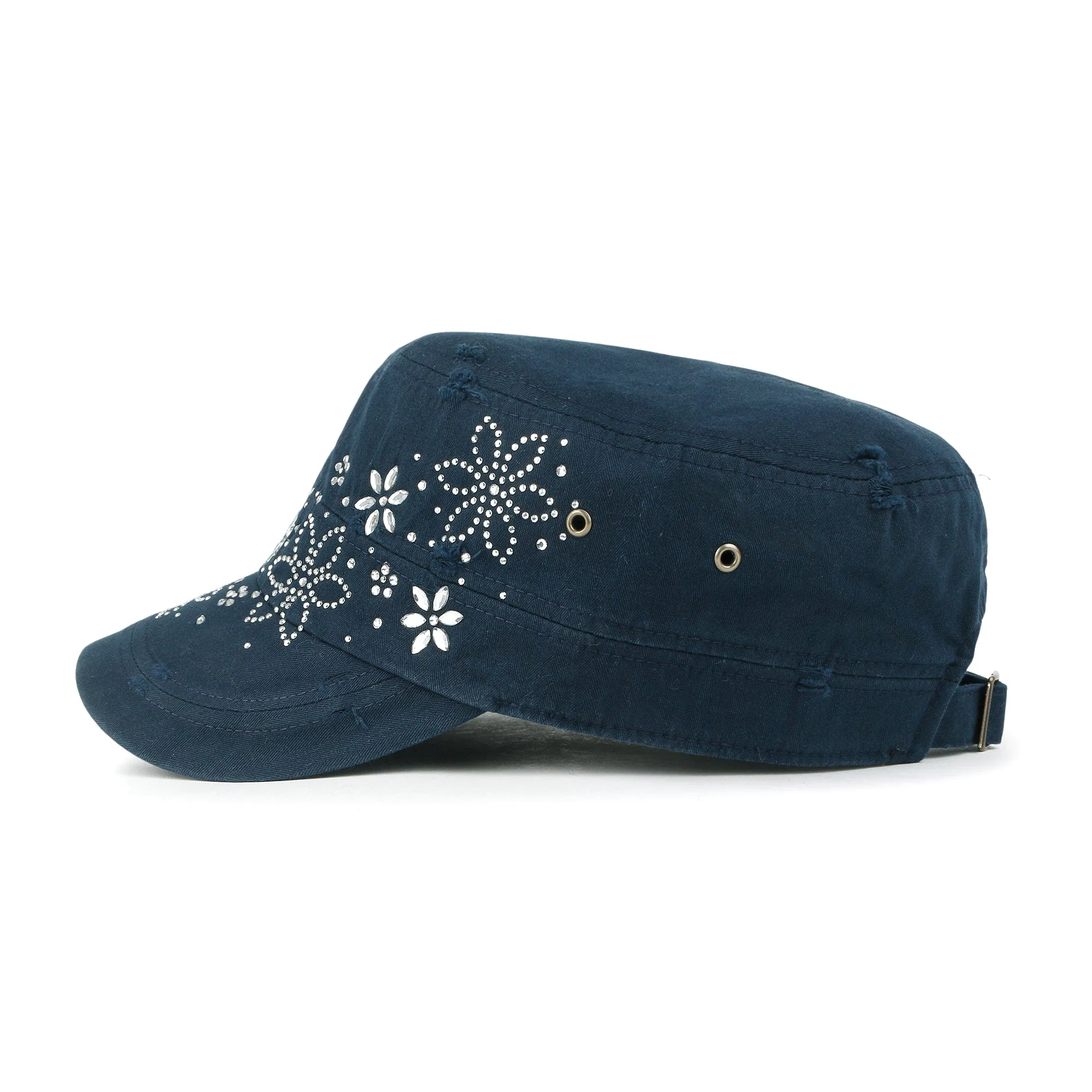 ililily Crystal Gemstone Stud Flower Vintage Cotton Military Army Hat Cadet Cap