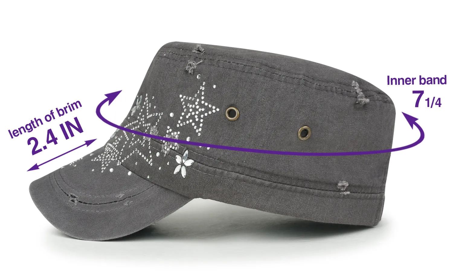 ililily Crystal Gemstone Stud Flower Vintage Cotton Military Army Hat Cadet Cap