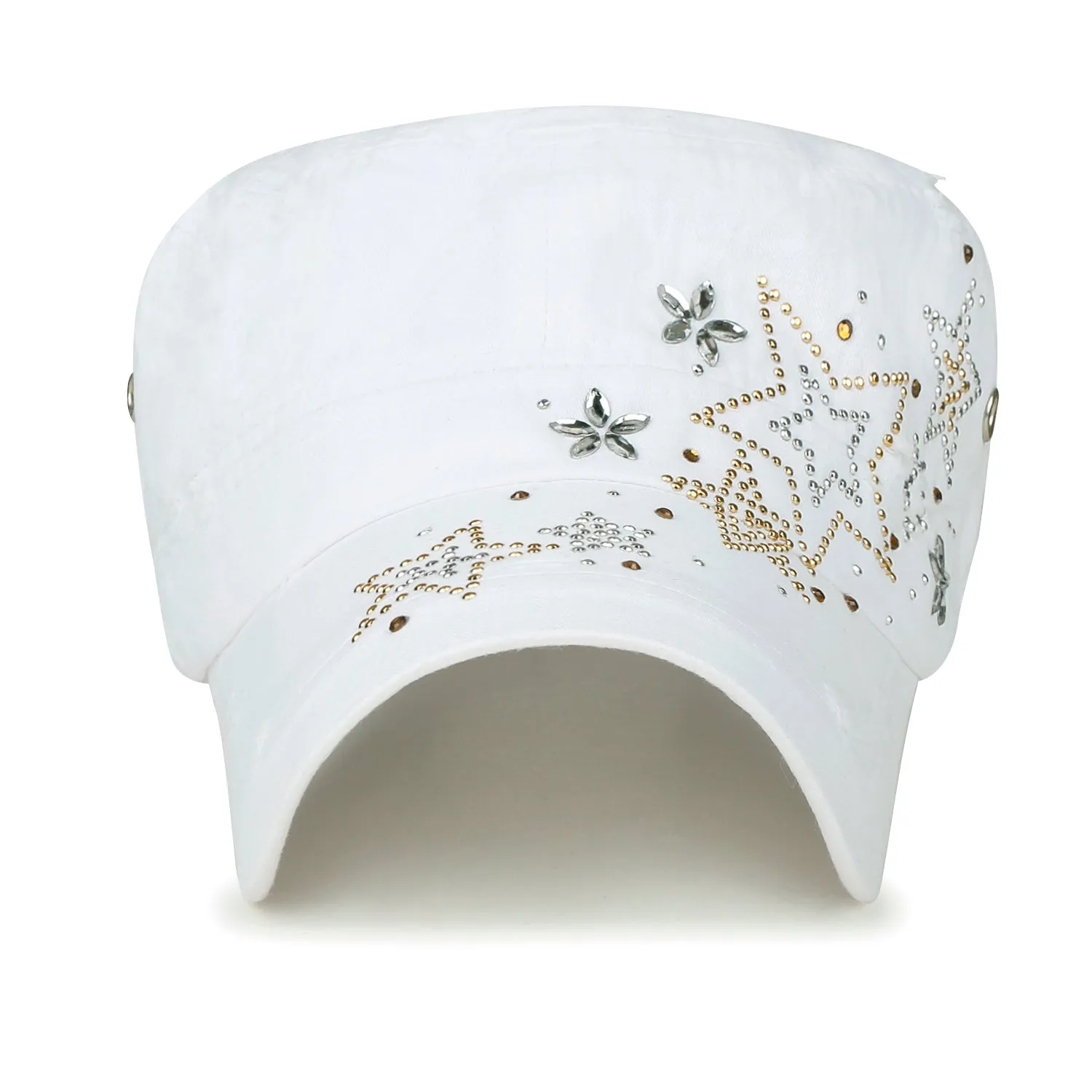 ililily Crystal Gemstone Stud Flower Vintage Cotton Military Army Hat Cadet Cap