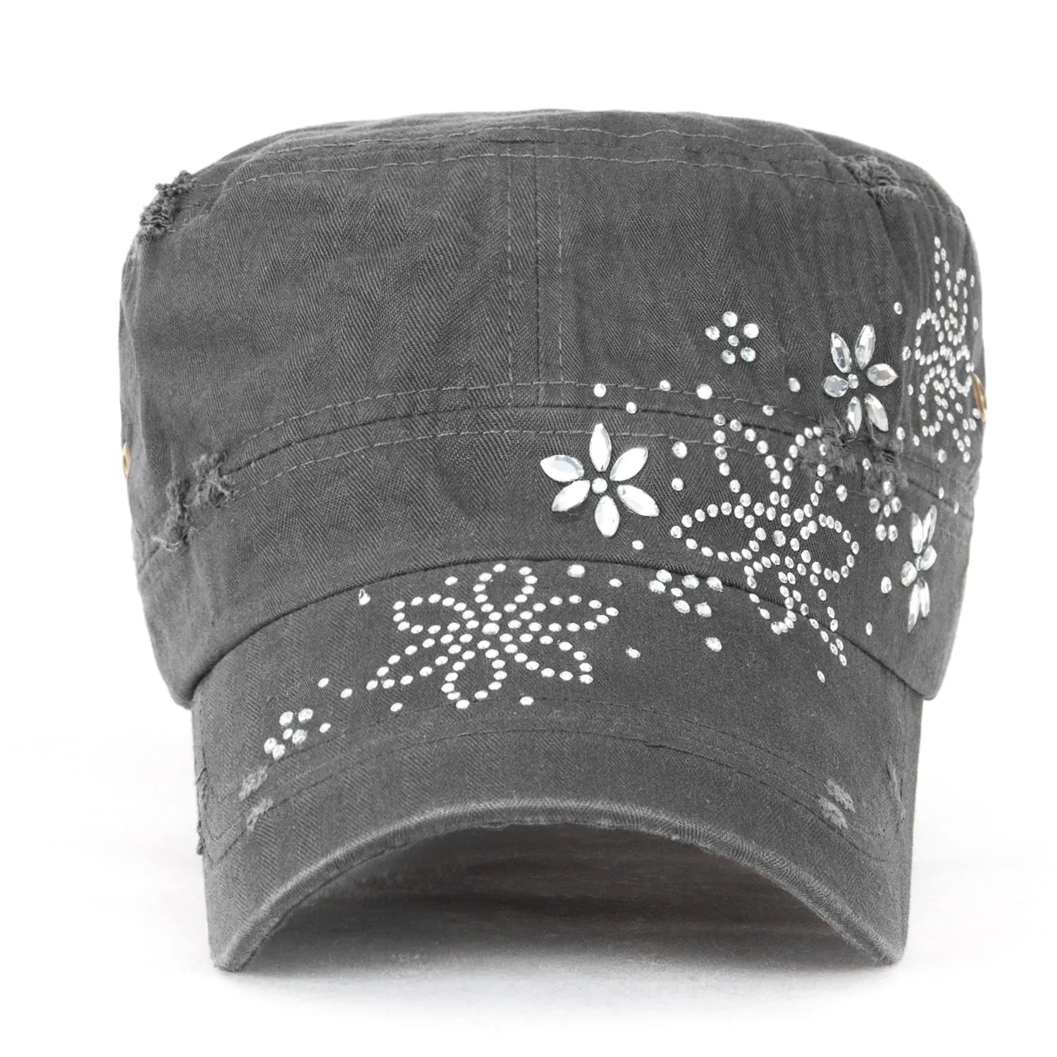 ililily Crystal Gemstone Stud Flower Vintage Cotton Military Army Hat Cadet Cap