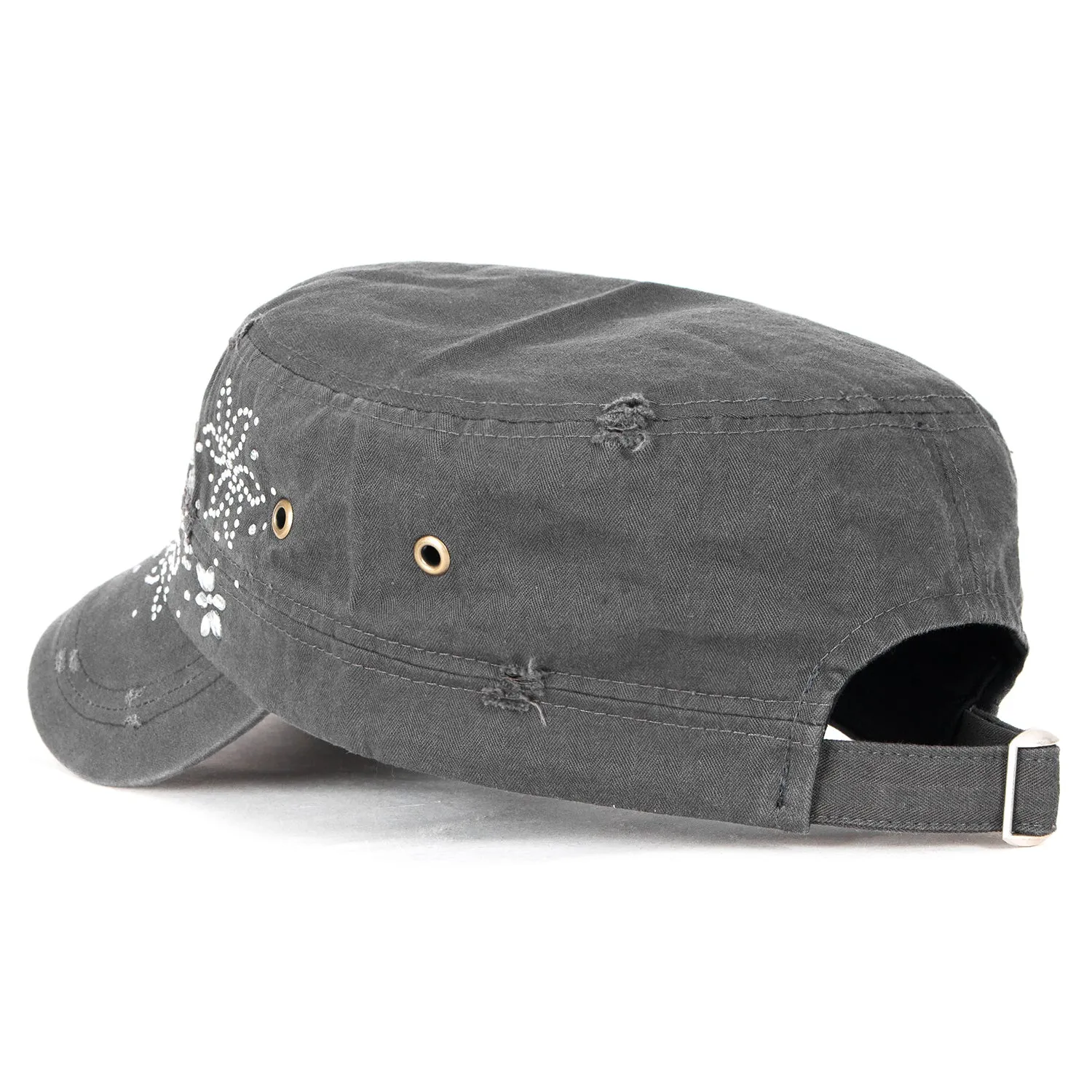 ililily Crystal Gemstone Stud Flower Vintage Cotton Military Army Hat Cadet Cap