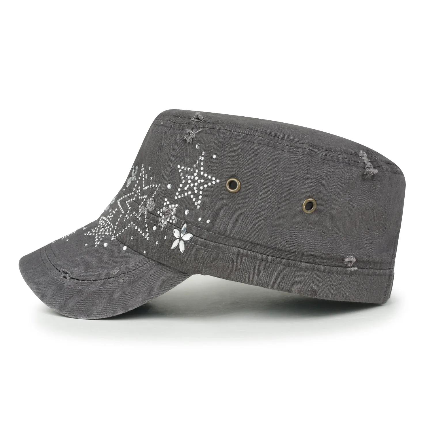 ililily Crystal Gemstone Stud Flower Vintage Cotton Military Army Hat Cadet Cap