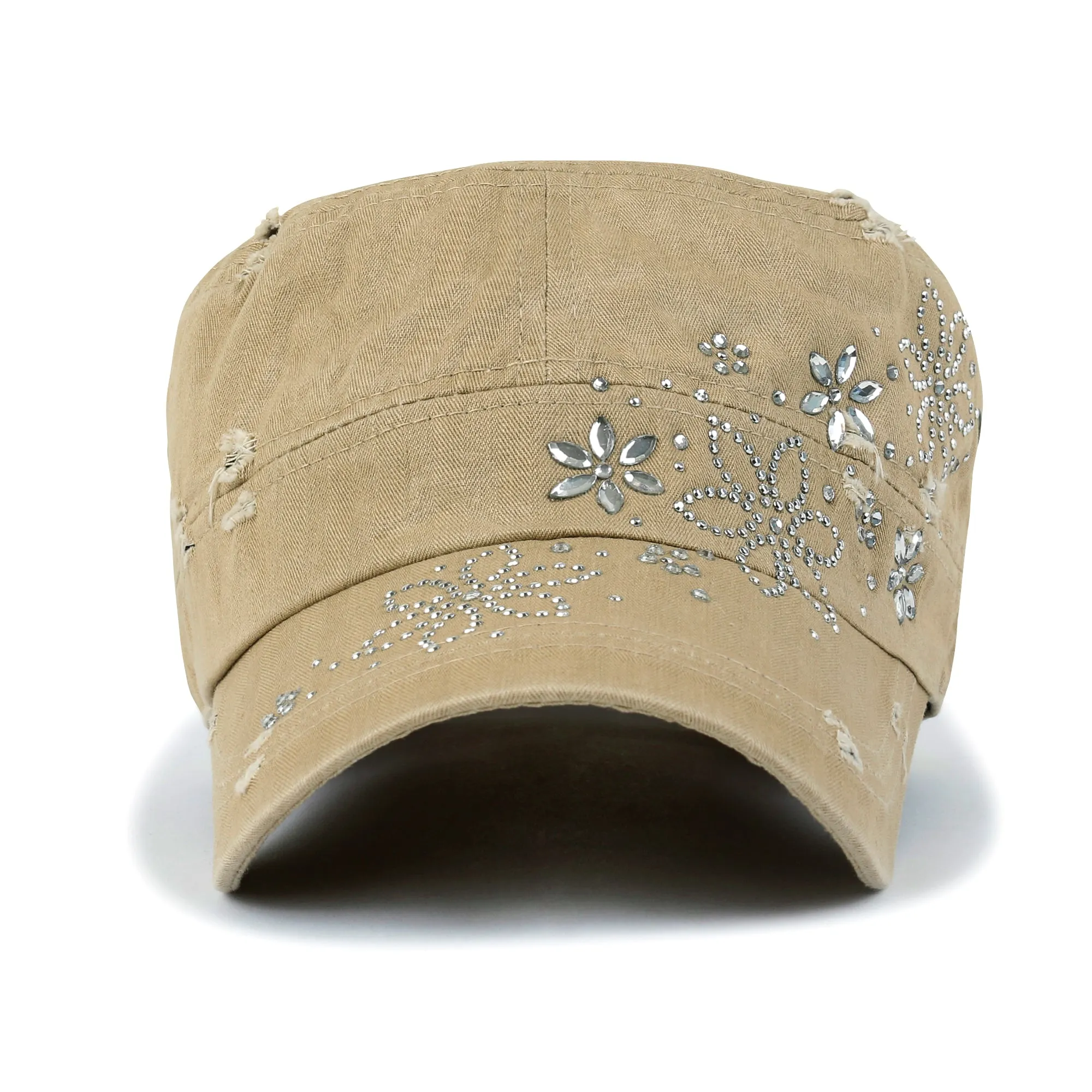 ililily Crystal Gemstone Stud Flower Vintage Cotton Military Army Hat Cadet Cap