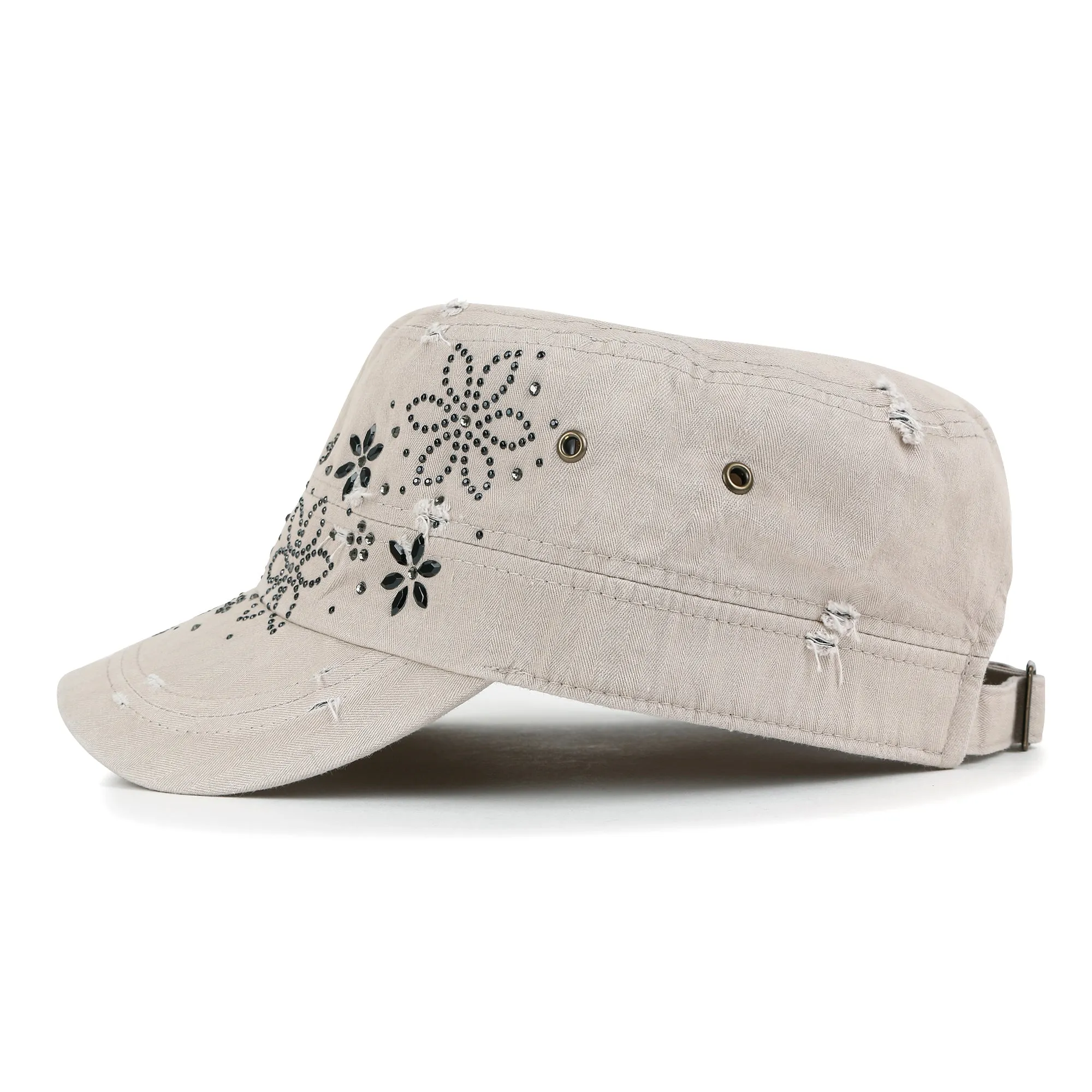 ililily Crystal Gemstone Stud Flower Vintage Cotton Military Army Hat Cadet Cap