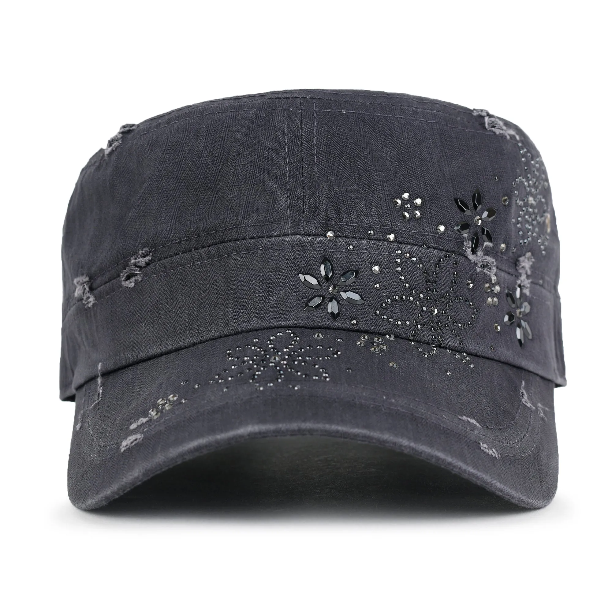 ililily Crystal Gemstone Stud Flower Vintage Cotton Military Army Hat Cadet Cap