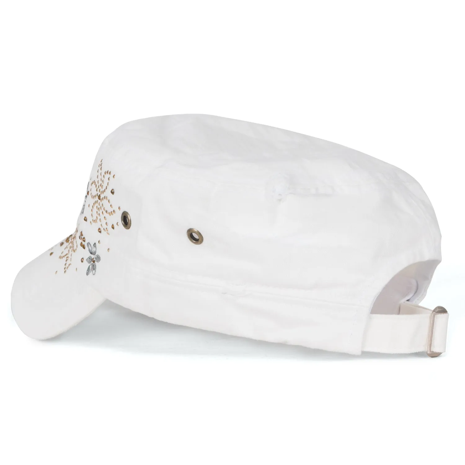 ililily Crystal Gemstone Stud Flower Vintage Cotton Military Army Hat Cadet Cap