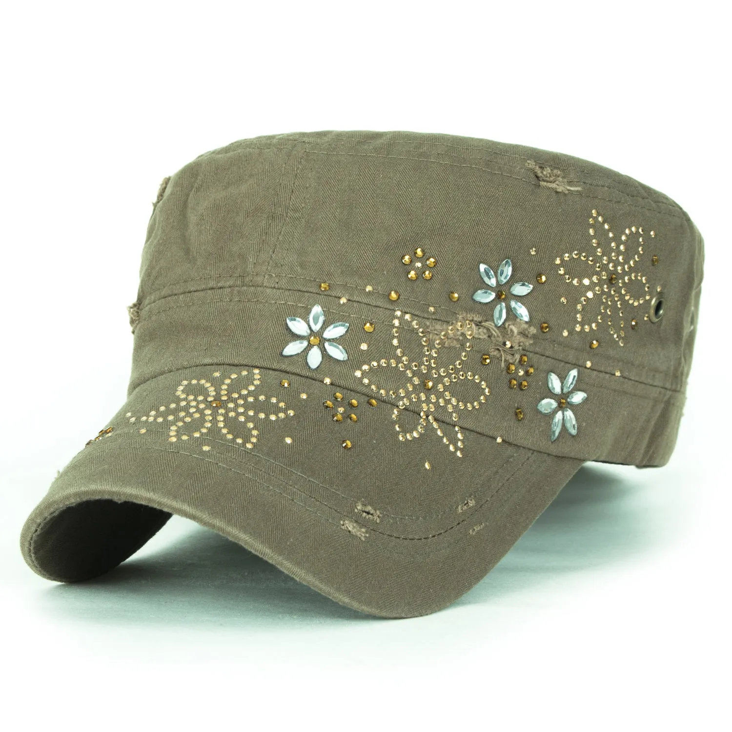 ililily Crystal Gemstone Stud Flower Vintage Cotton Military Army Hat Cadet Cap