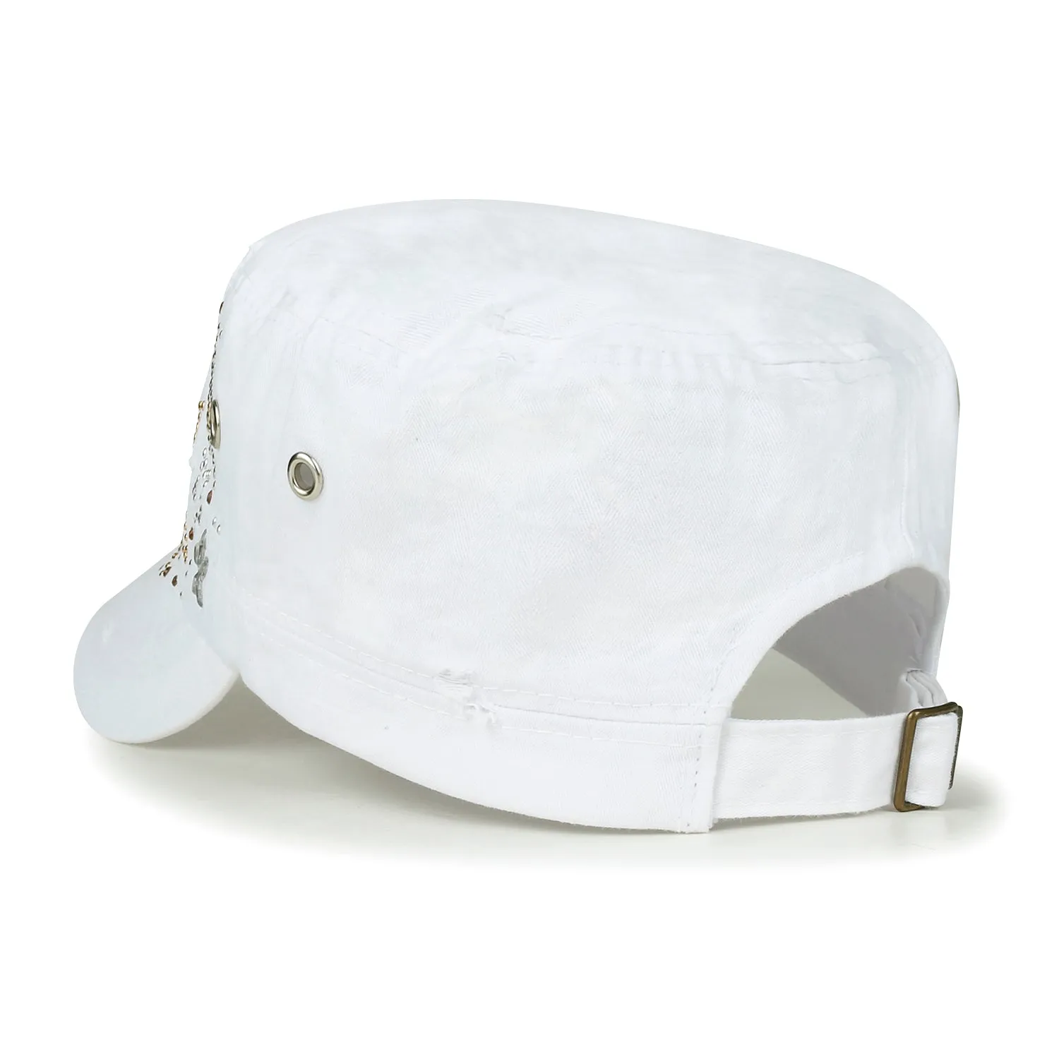 ililily Crystal Gemstone Stud Flower Vintage Cotton Military Army Hat Cadet Cap