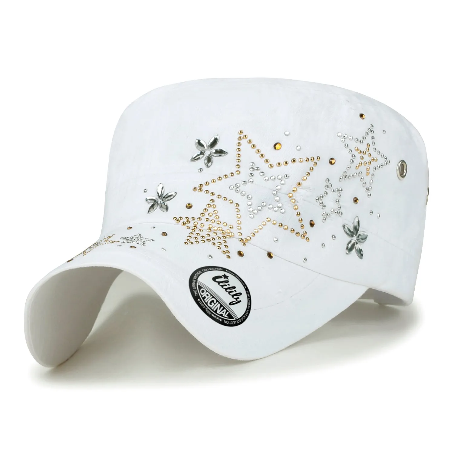 ililily Crystal Gemstone Stud Flower Vintage Cotton Military Army Hat Cadet Cap