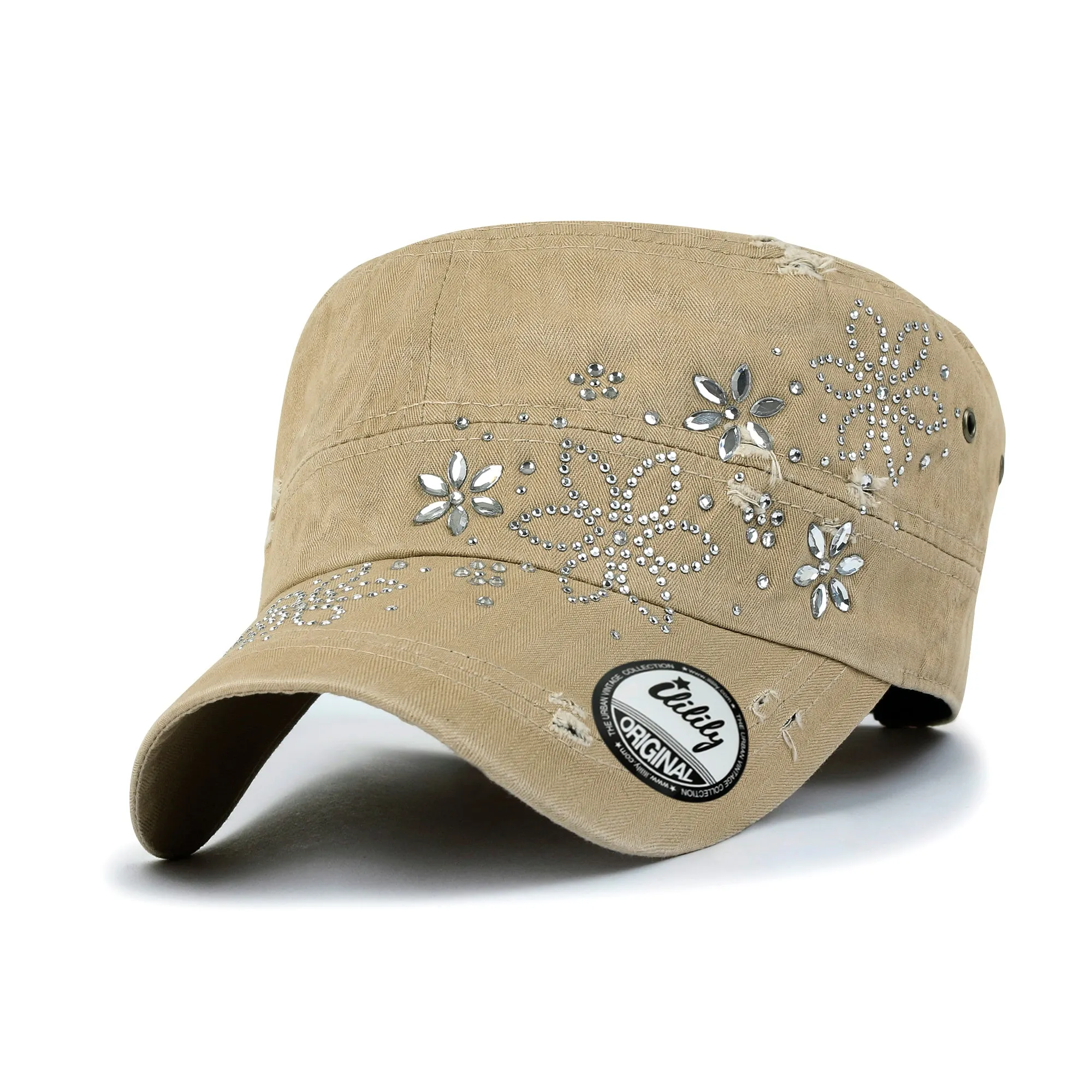 ililily Crystal Gemstone Stud Flower Vintage Cotton Military Army Hat Cadet Cap