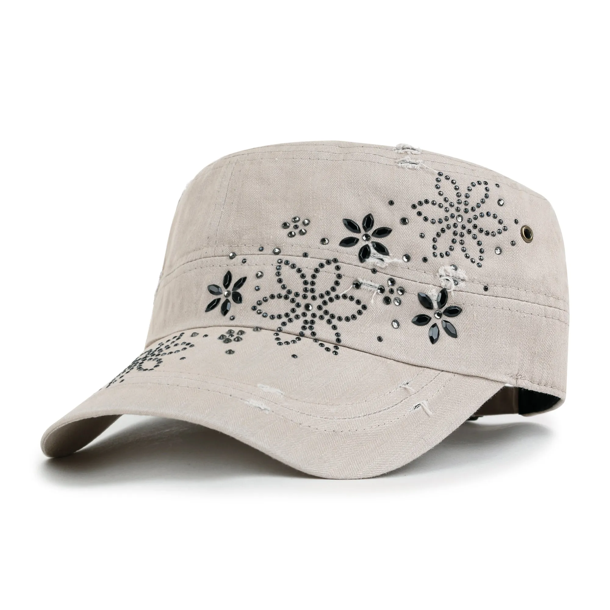 ililily Crystal Gemstone Stud Flower Vintage Cotton Military Army Hat Cadet Cap