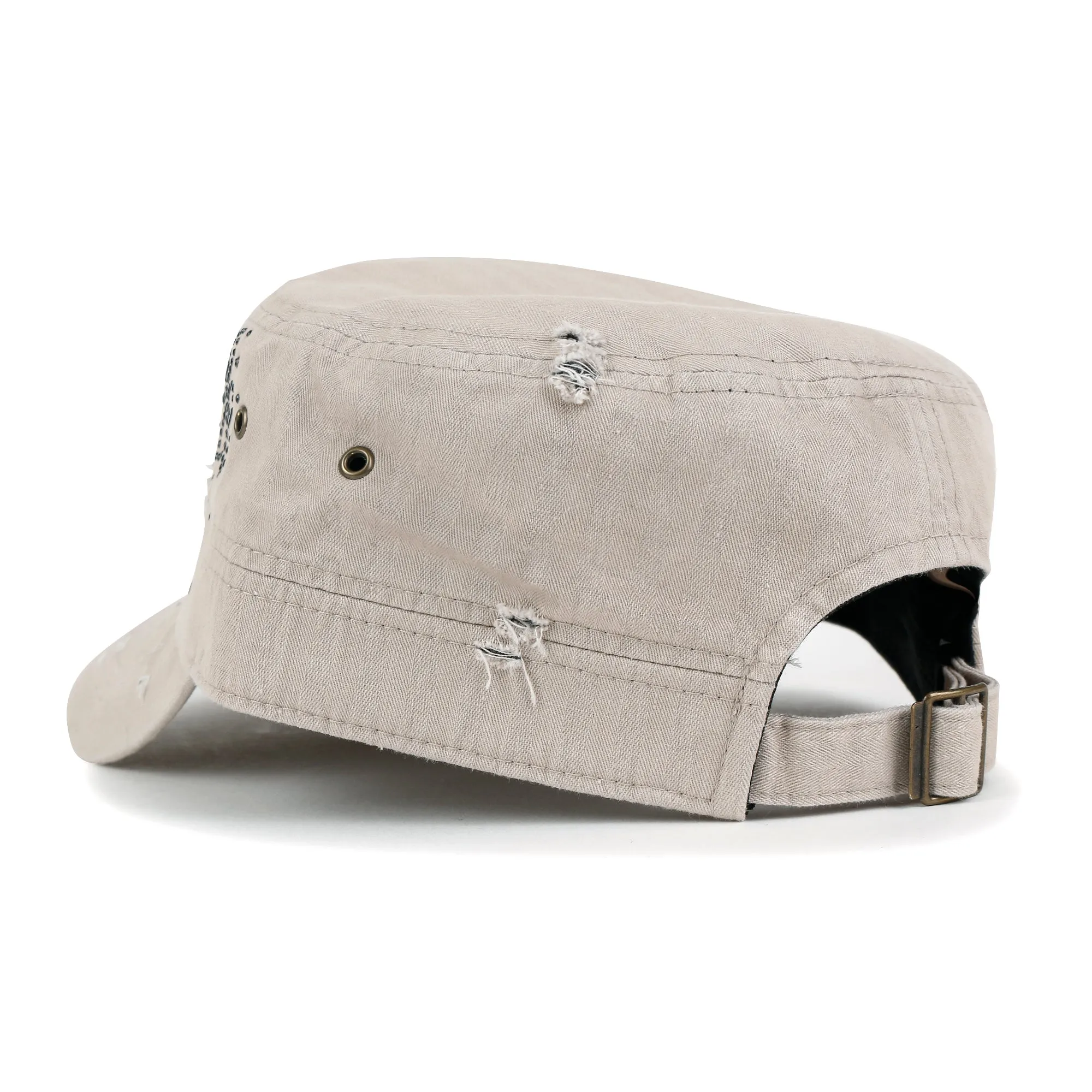 ililily Crystal Gemstone Stud Flower Vintage Cotton Military Army Hat Cadet Cap