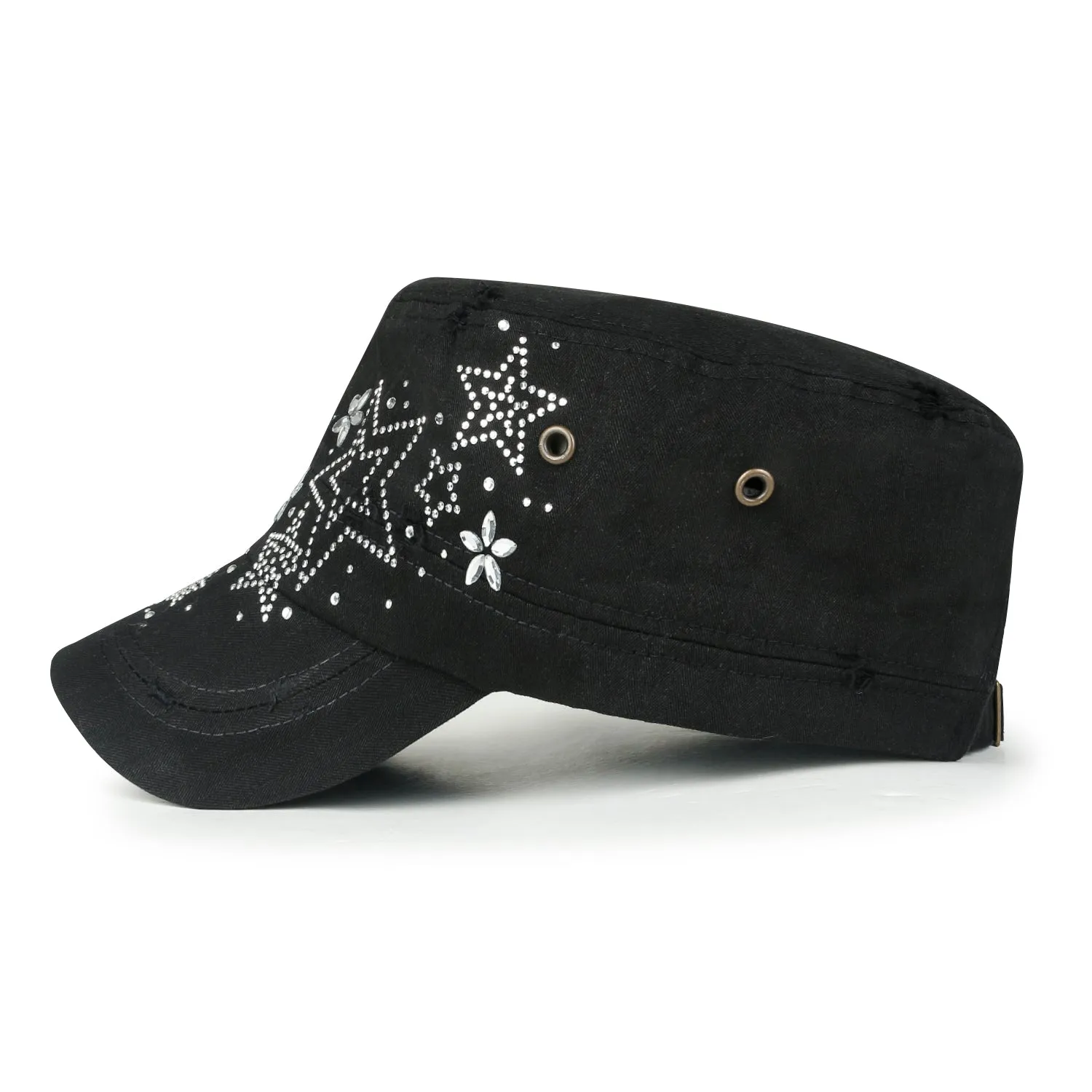 ililily Crystal Gemstone Stud Flower Vintage Cotton Military Army Hat Cadet Cap
