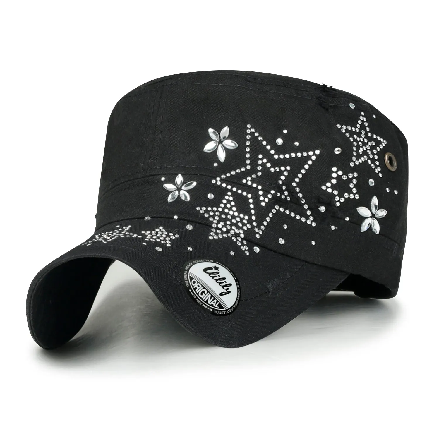 ililily Crystal Gemstone Stud Flower Vintage Cotton Military Army Hat Cadet Cap
