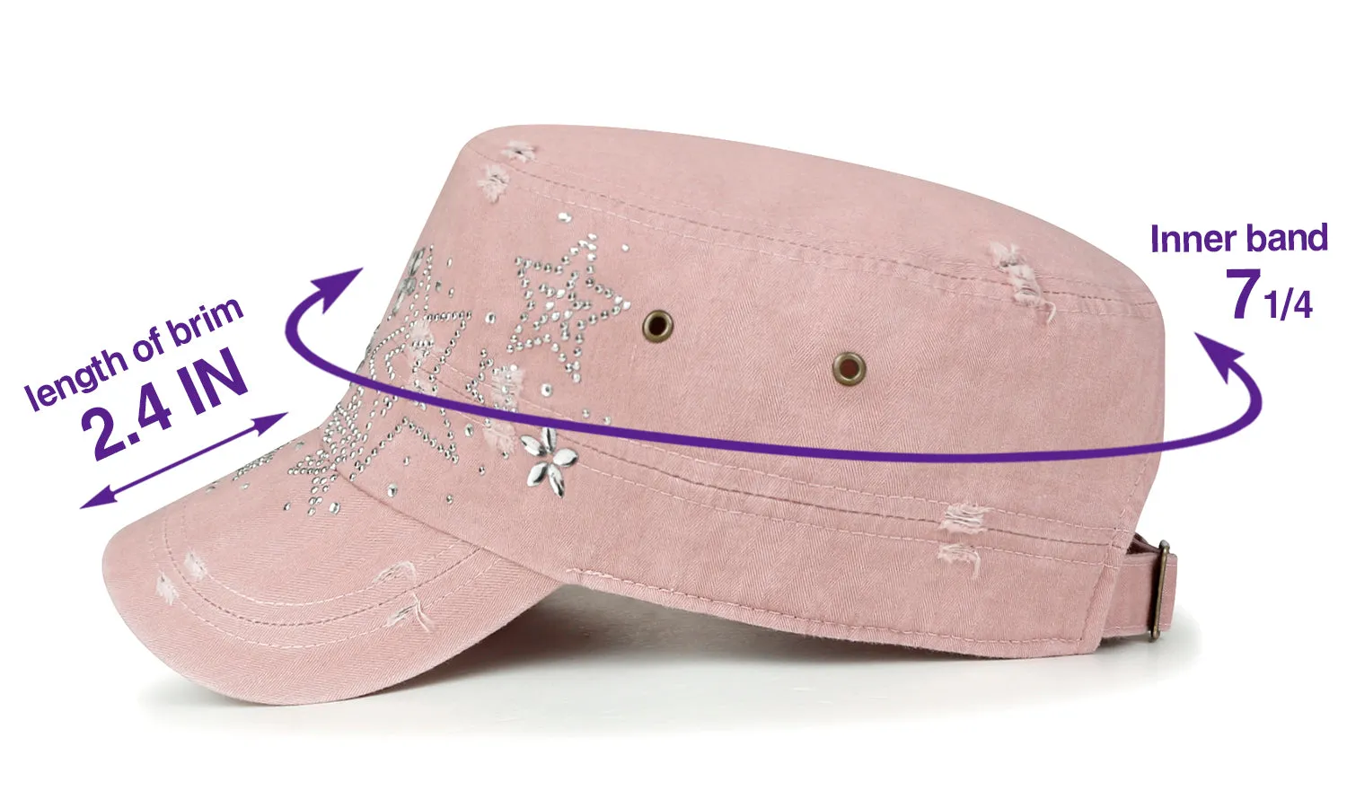 ililily Crystal Gemstone Stud Flower Vintage Cotton Military Army Hat Cadet Cap