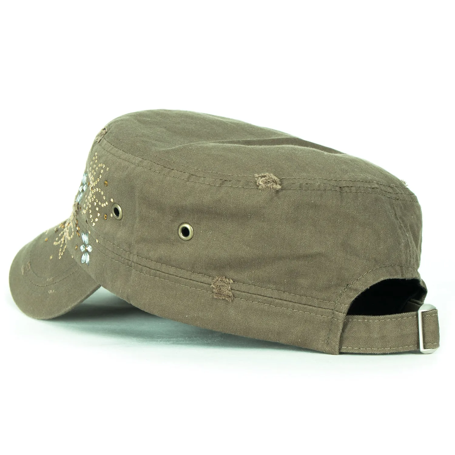 ililily Crystal Gemstone Stud Flower Vintage Cotton Military Army Hat Cadet Cap