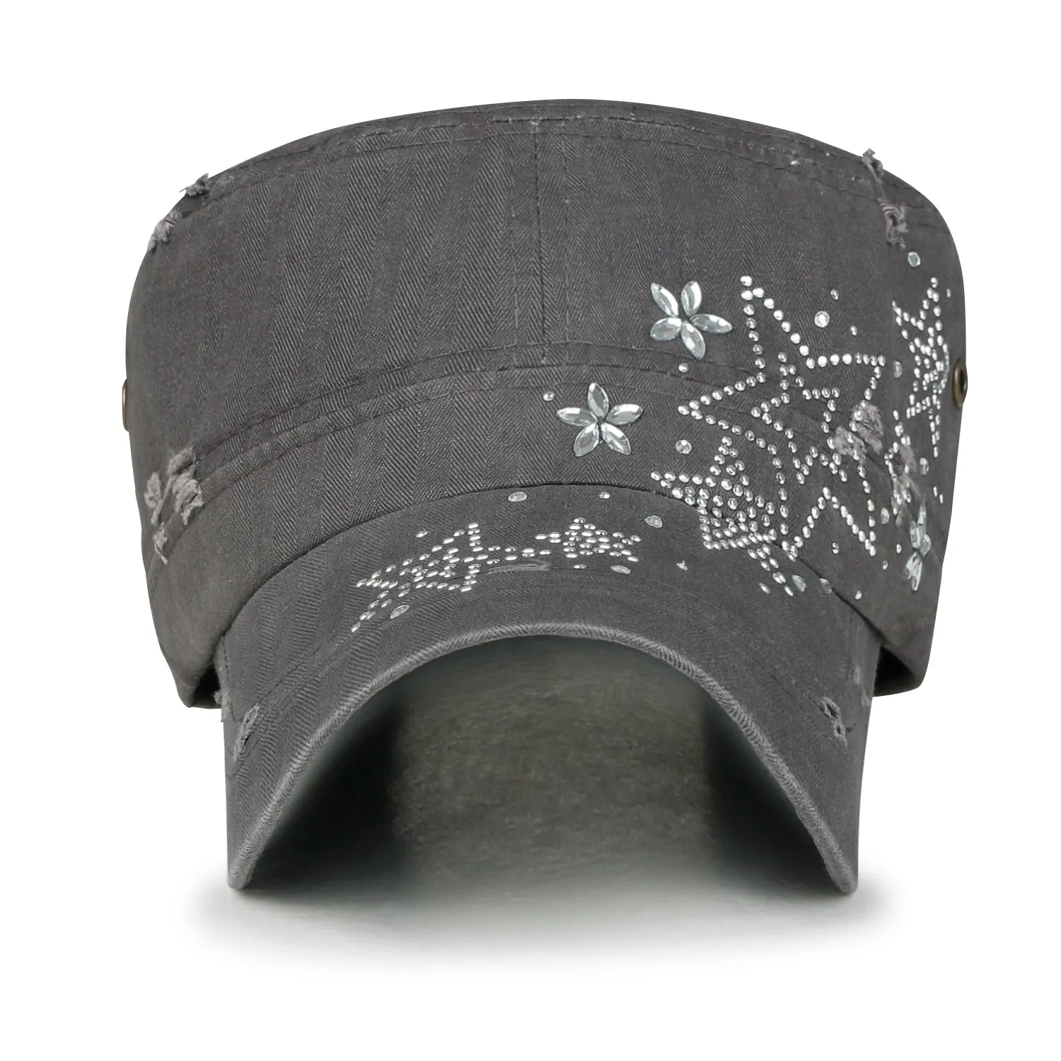 ililily Crystal Gemstone Stud Flower Vintage Cotton Military Army Hat Cadet Cap