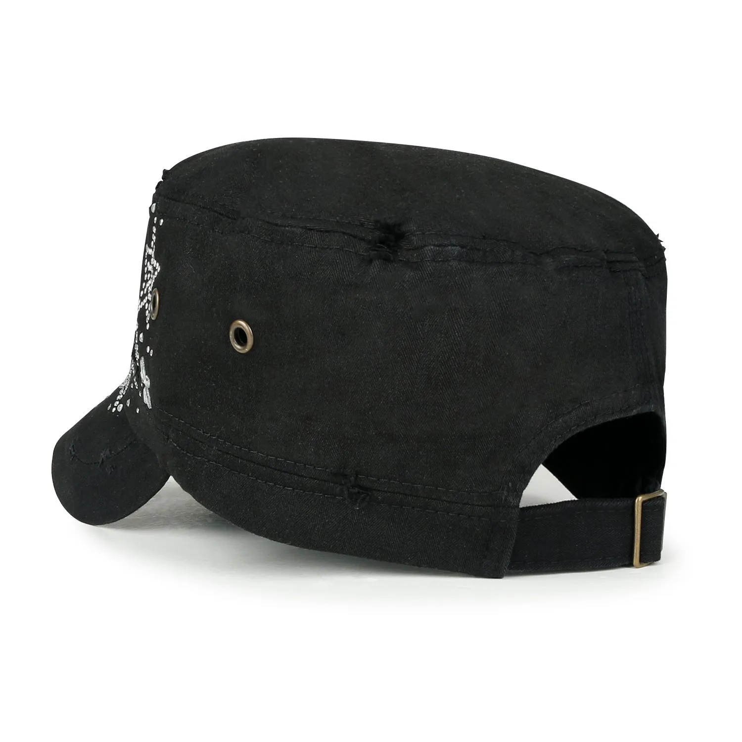 ililily Crystal Gemstone Stud Flower Vintage Cotton Military Army Hat Cadet Cap