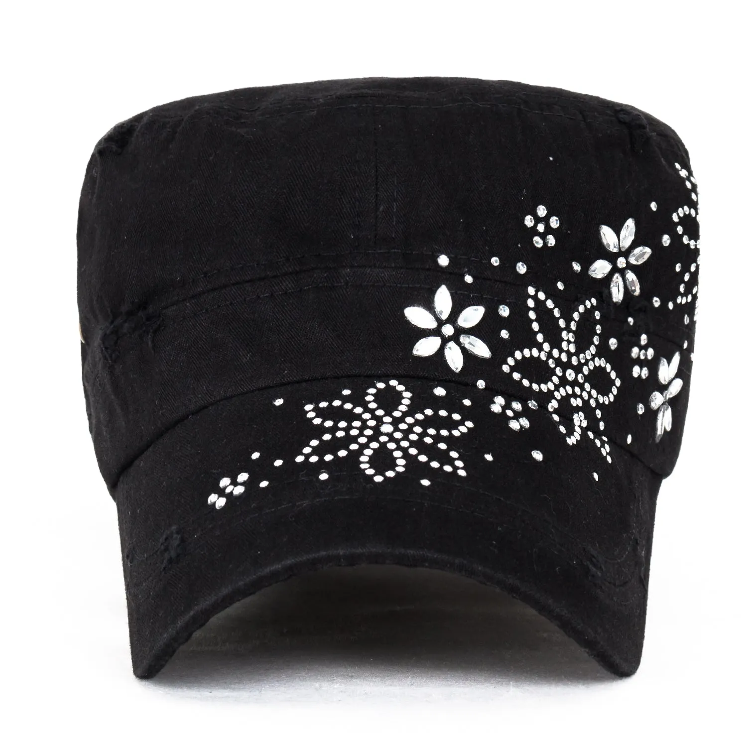 ililily Crystal Gemstone Stud Flower Vintage Cotton Military Army Hat Cadet Cap