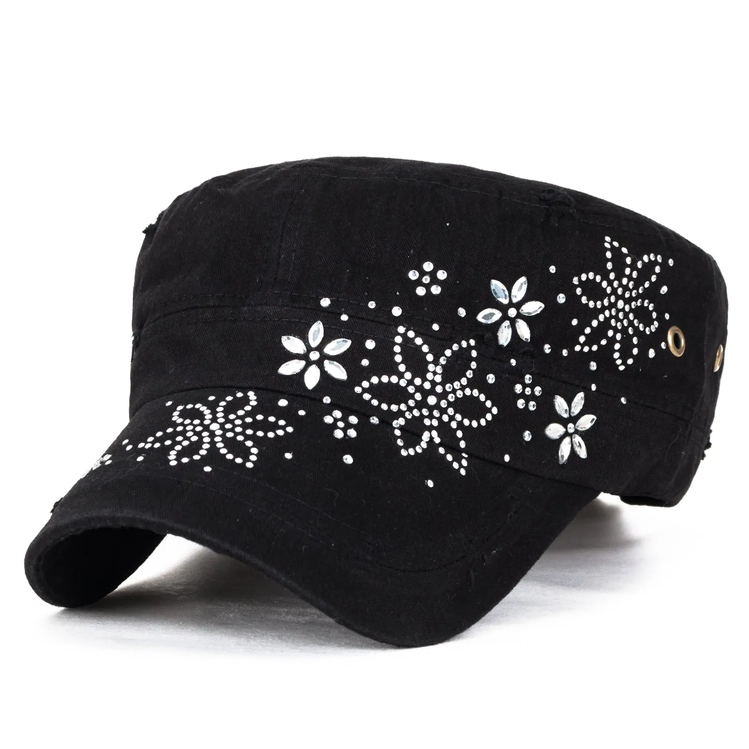ililily Crystal Gemstone Stud Flower Vintage Cotton Military Army Hat Cadet Cap