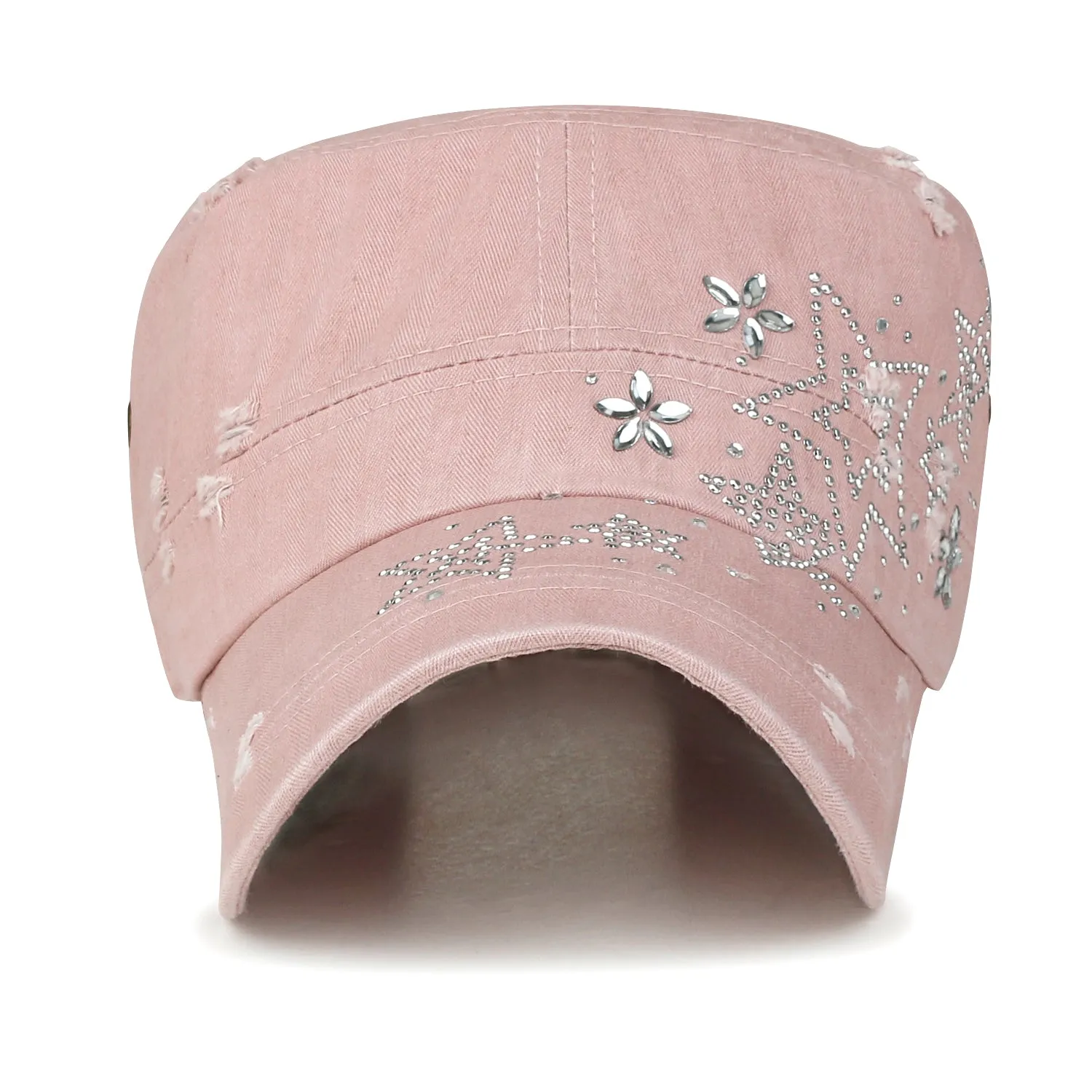 ililily Crystal Gemstone Stud Flower Vintage Cotton Military Army Hat Cadet Cap