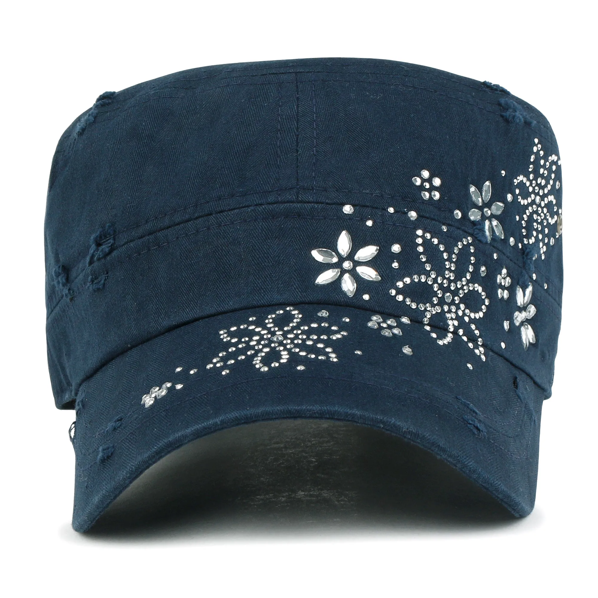 ililily Crystal Gemstone Stud Flower Vintage Cotton Military Army Hat Cadet Cap