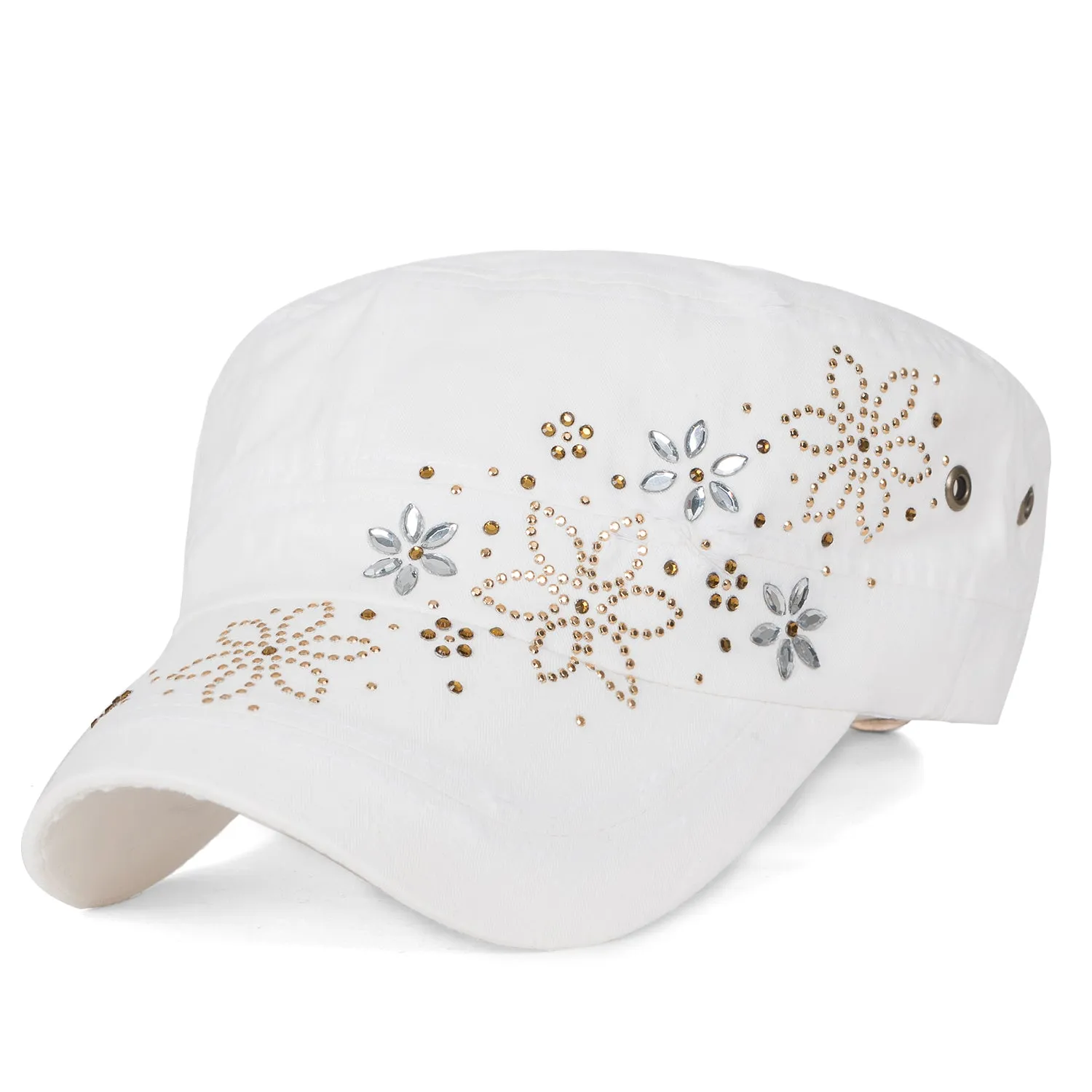 ililily Crystal Gemstone Stud Flower Vintage Cotton Military Army Hat Cadet Cap