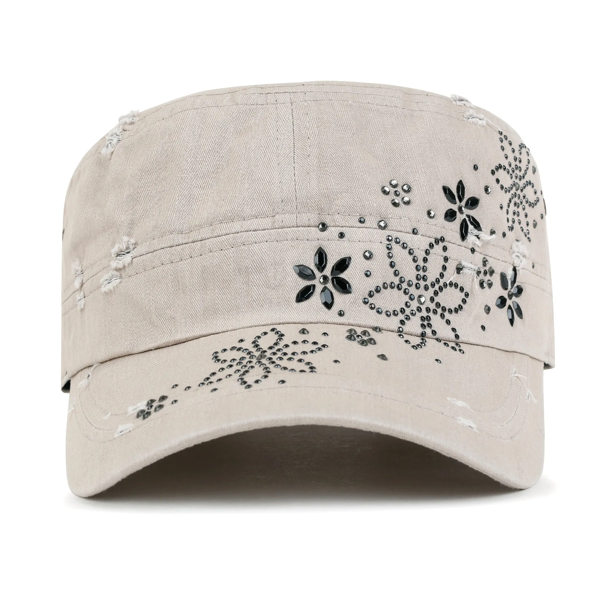 ililily Crystal Gemstone Stud Flower Vintage Cotton Military Army Hat Cadet Cap