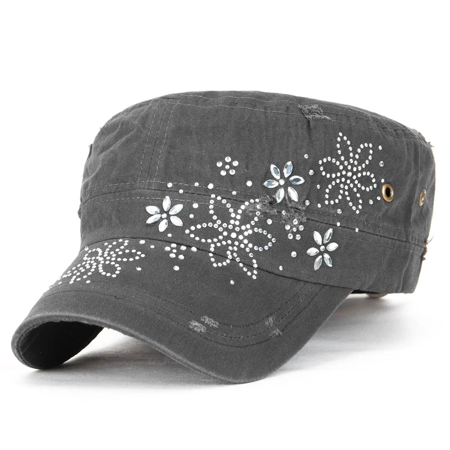 ililily Crystal Gemstone Stud Flower Vintage Cotton Military Army Hat Cadet Cap