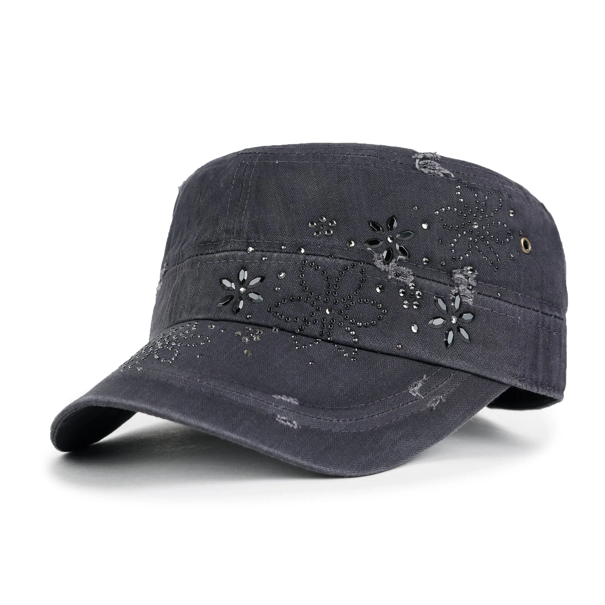 ililily Crystal Gemstone Stud Flower Vintage Cotton Military Army Hat Cadet Cap