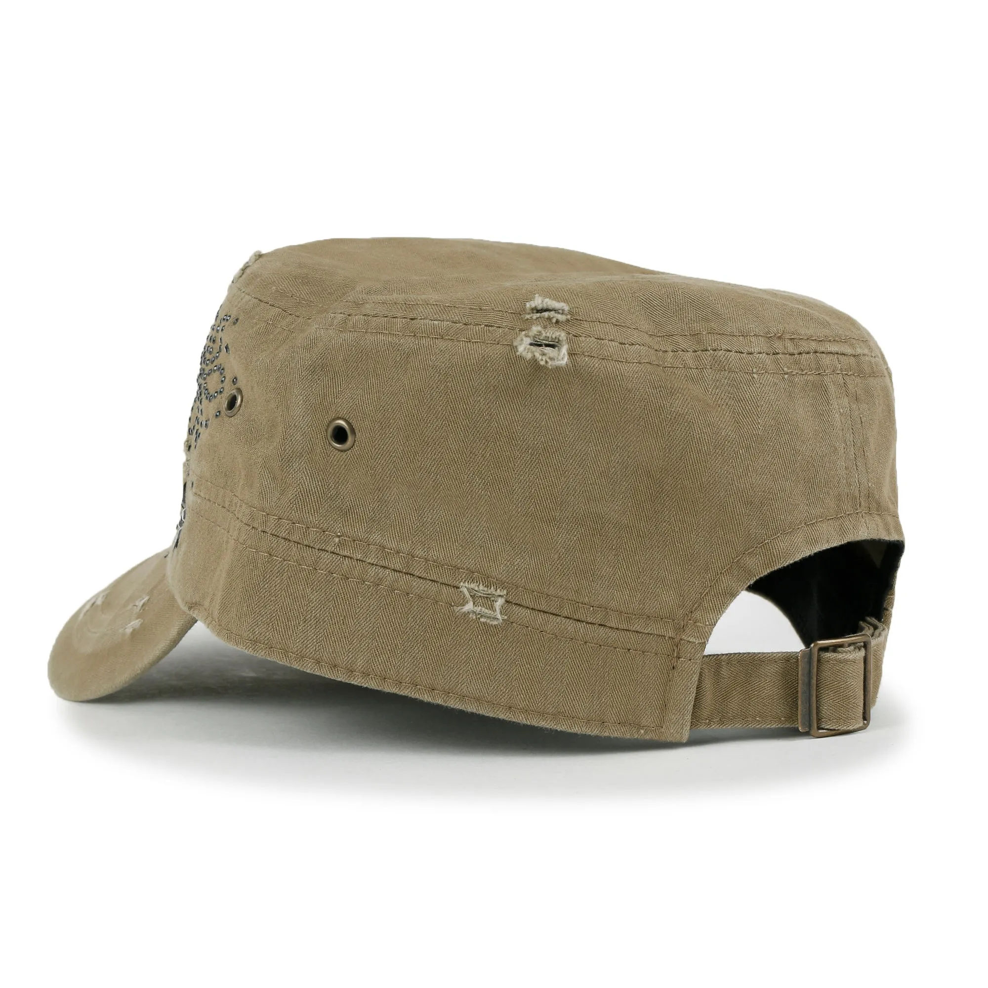 ililily Crystal Gemstone Stud Flower Vintage Cotton Military Army Hat Cadet Cap
