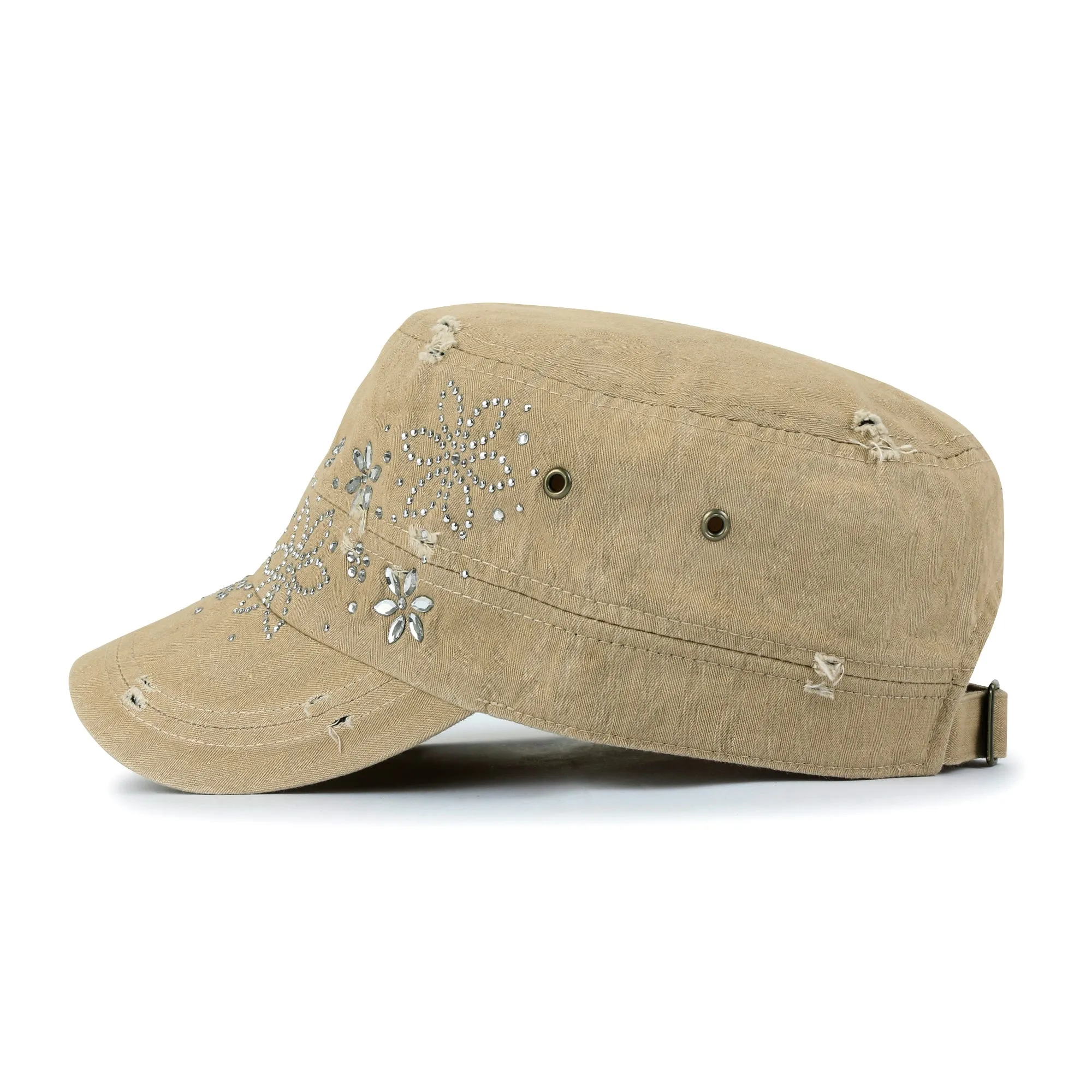 ililily Crystal Gemstone Stud Flower Vintage Cotton Military Army Hat Cadet Cap