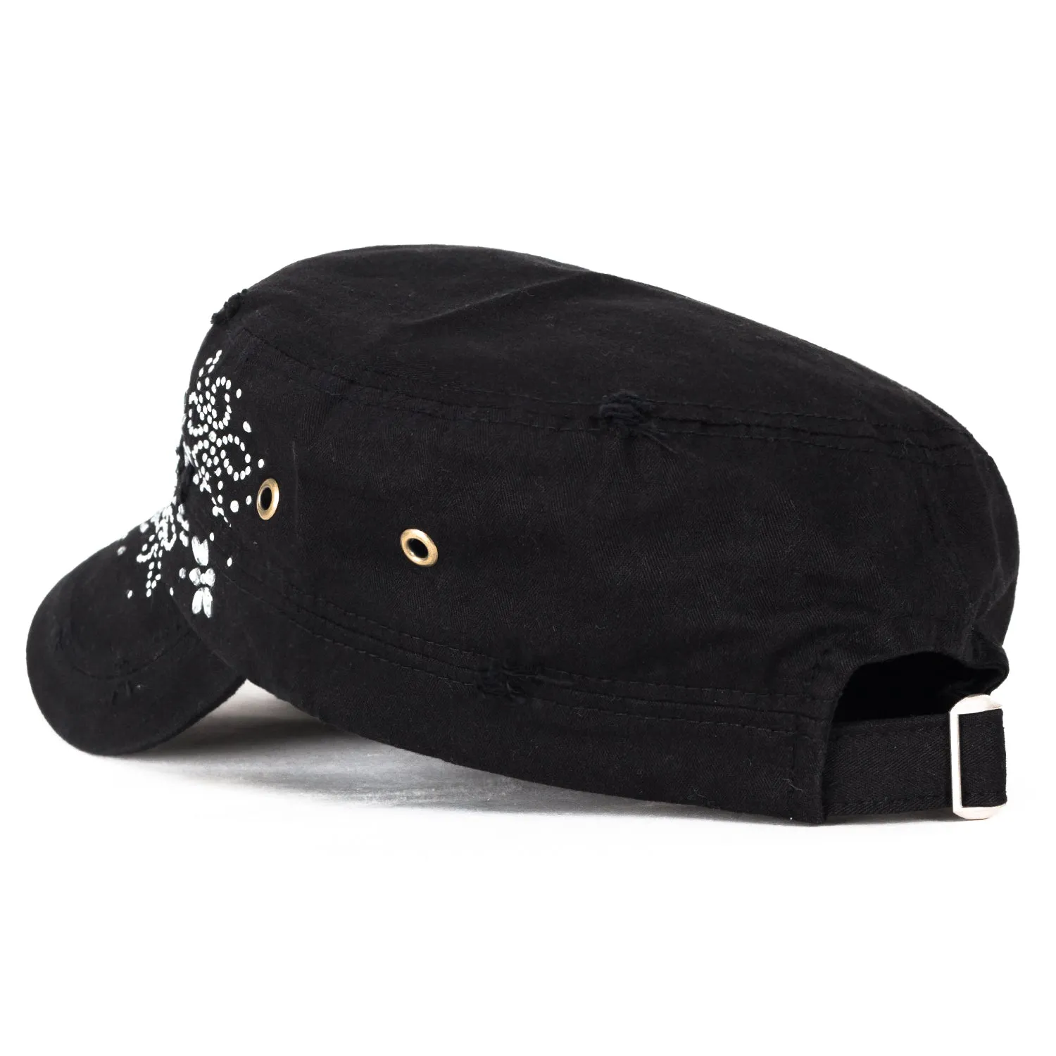 ililily Crystal Gemstone Stud Flower Vintage Cotton Military Army Hat Cadet Cap
