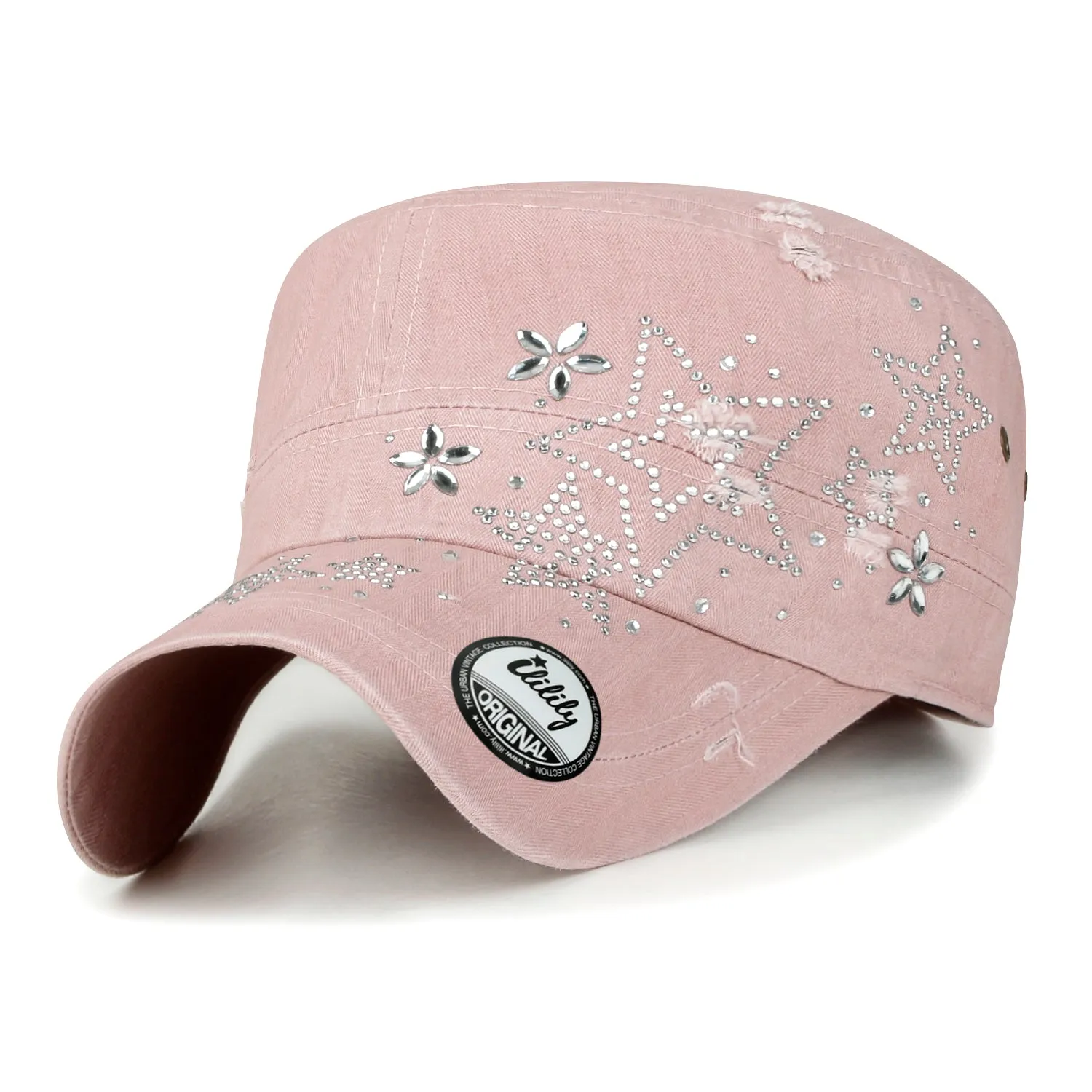 ililily Crystal Gemstone Stud Flower Vintage Cotton Military Army Hat Cadet Cap