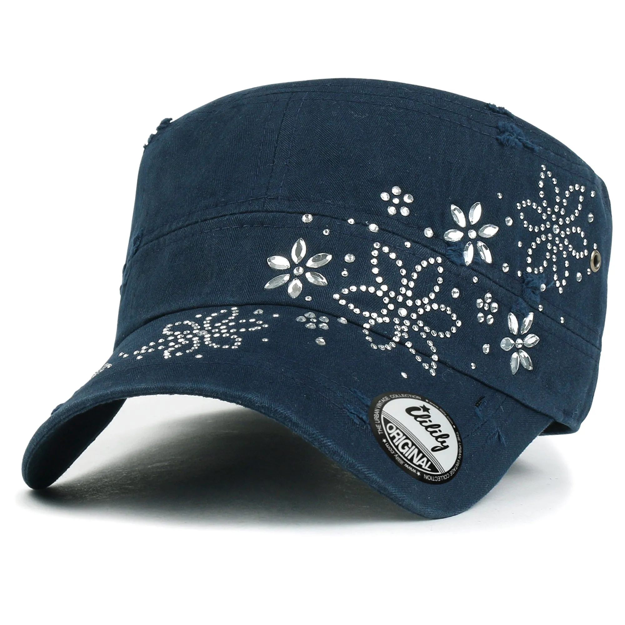 ililily Crystal Gemstone Stud Flower Vintage Cotton Military Army Hat Cadet Cap