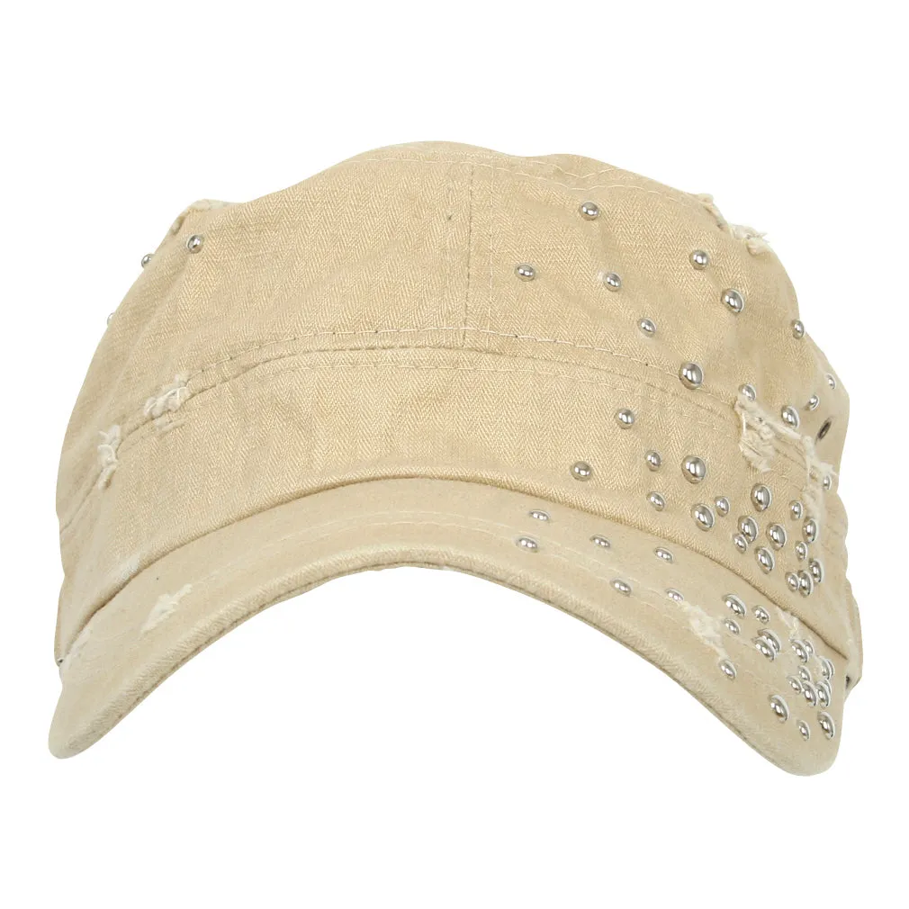 ililily Distressed Military Silver Round Studs Cadet Cap Flex-fit Army Style Hat