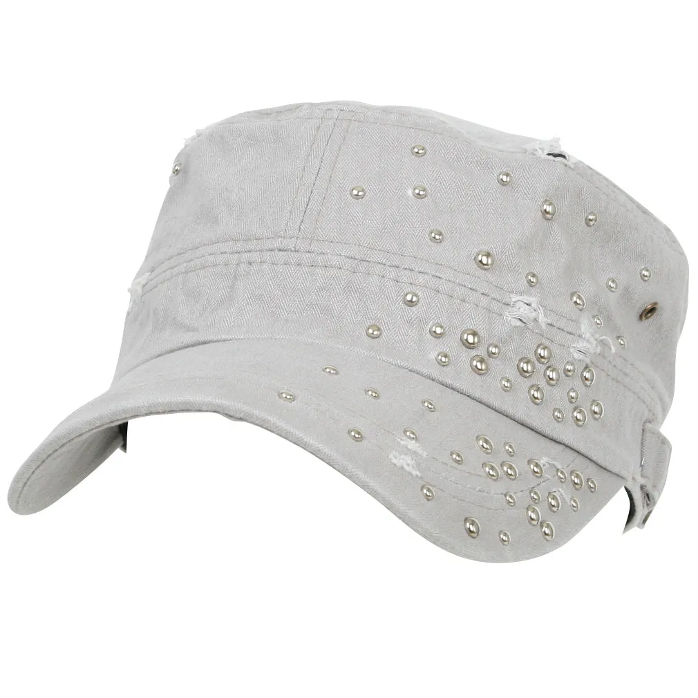 ililily Distressed Military Silver Round Studs Cadet Cap Flex-fit Army Style Hat