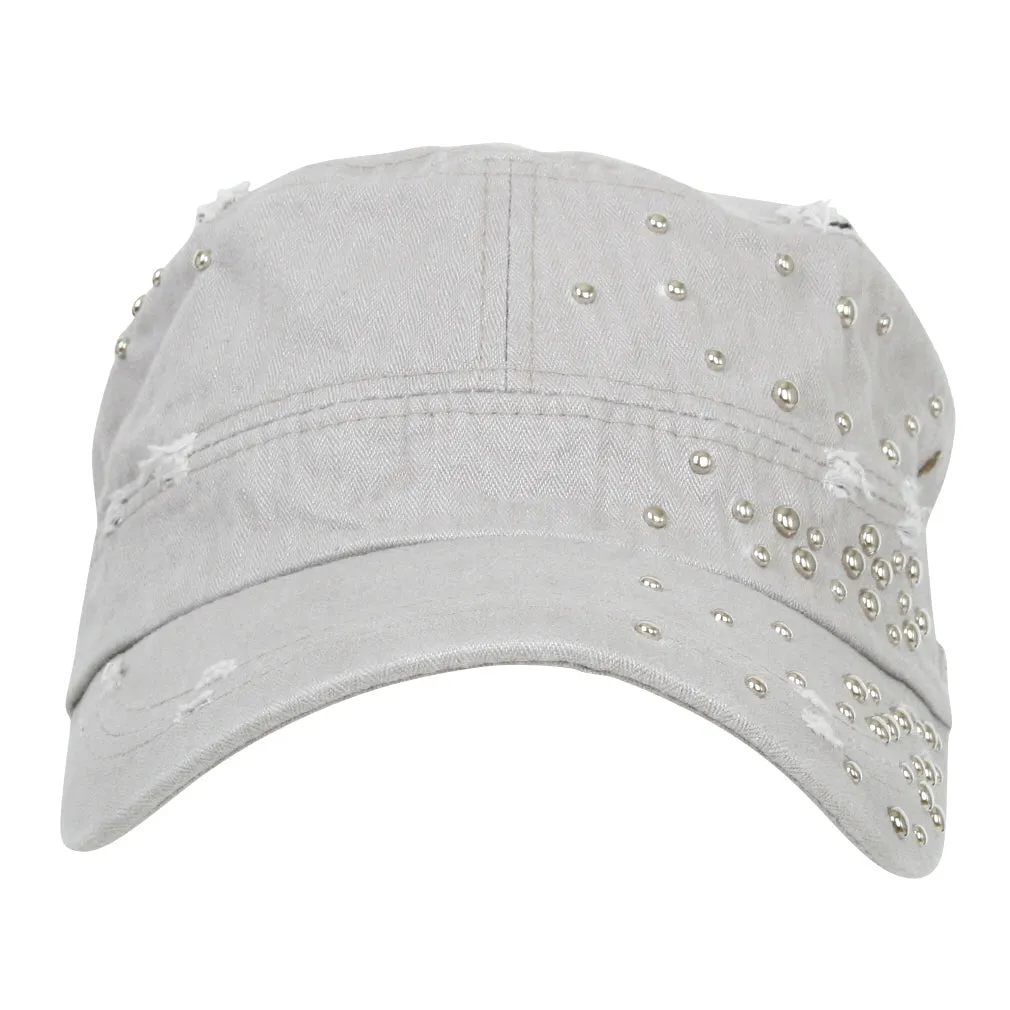 ililily Distressed Military Silver Round Studs Cadet Cap Flex-fit Army Style Hat