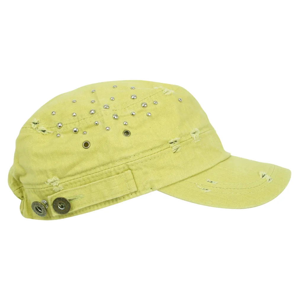 ililily Distressed Military Silver Round Studs Cadet Cap Flex-fit Army Style Hat