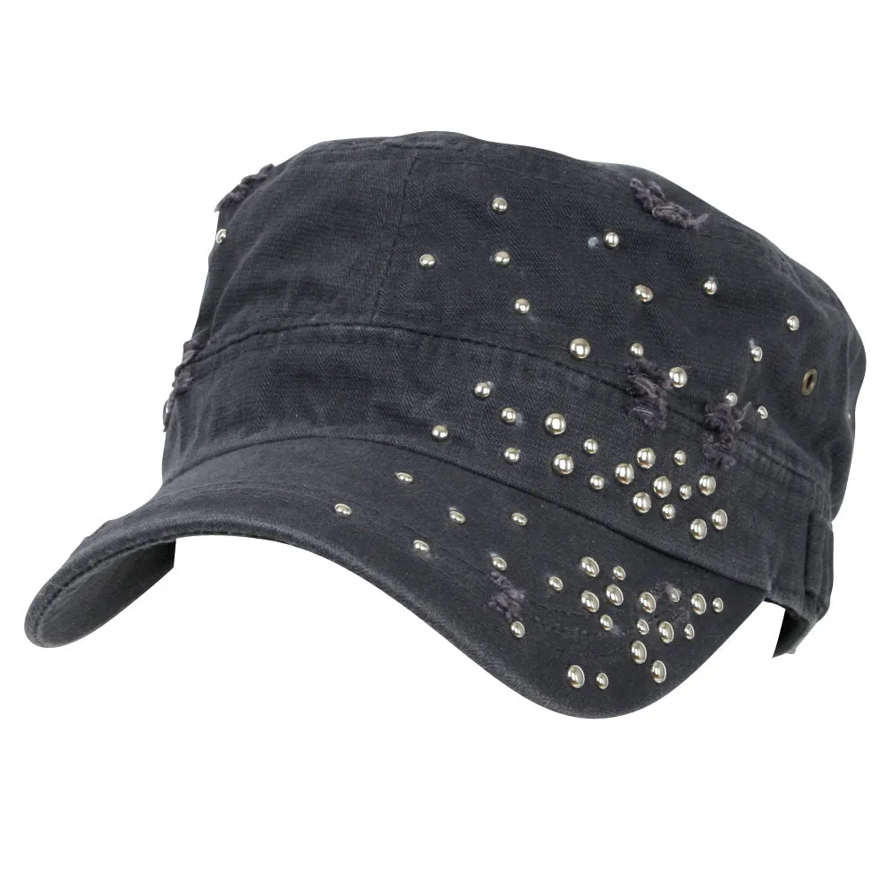 ililily Distressed Military Silver Round Studs Cadet Cap Flex-fit Army Style Hat