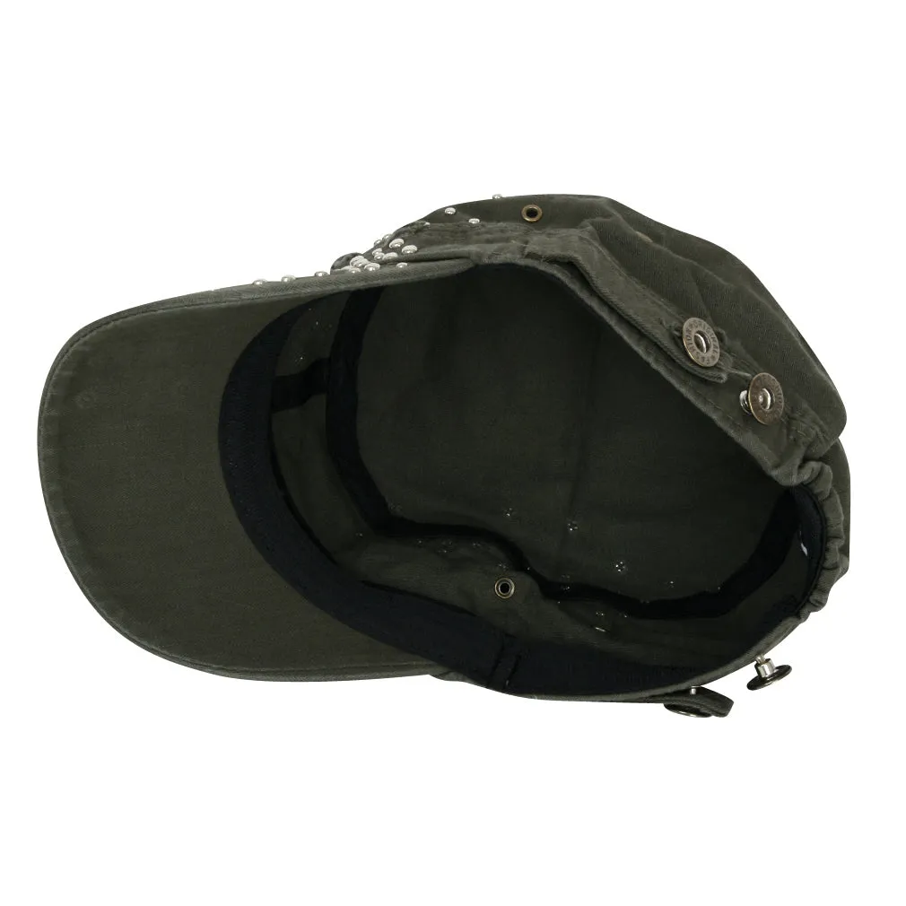 ililily Distressed Military Silver Round Studs Cadet Cap Flex-fit Army Style Hat