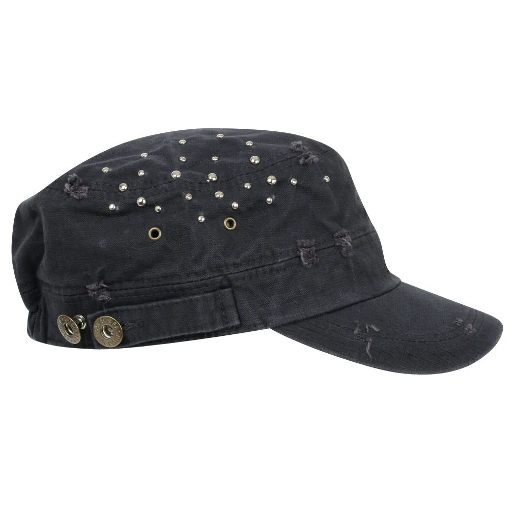 ililily Distressed Military Silver Round Studs Cadet Cap Flex-fit Army Style Hat