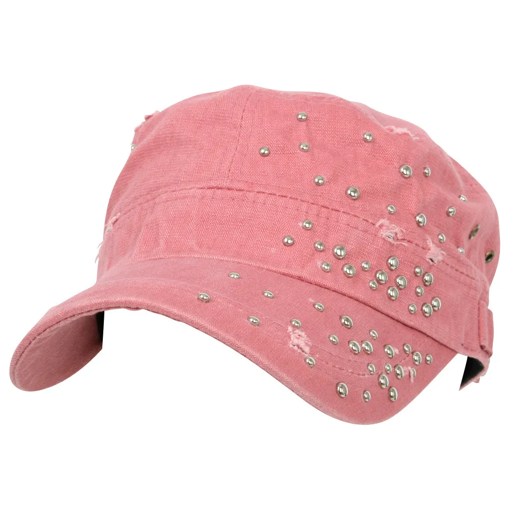 ililily Distressed Military Silver Round Studs Cadet Cap Flex-fit Army Style Hat