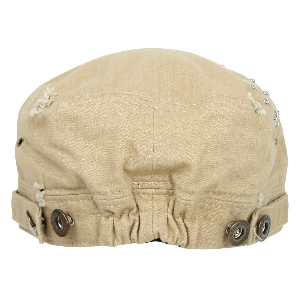 ililily Distressed Military Silver Round Studs Cadet Cap Flex-fit Army Style Hat