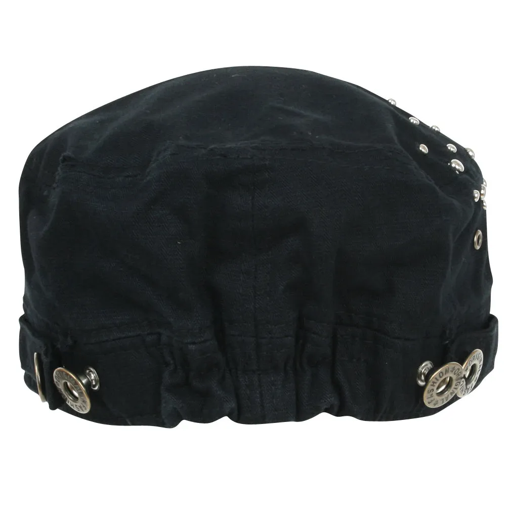ililily Distressed Military Silver Round Studs Cadet Cap Flex-fit Army Style Hat