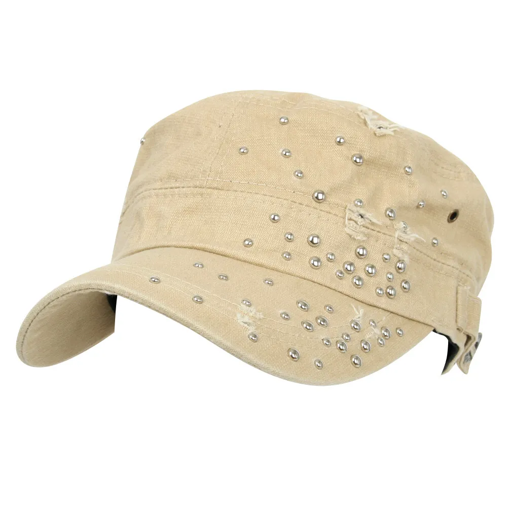 ililily Distressed Military Silver Round Studs Cadet Cap Flex-fit Army Style Hat