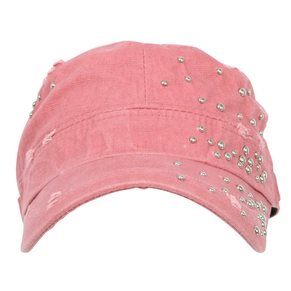 ililily Distressed Military Silver Round Studs Cadet Cap Flex-fit Army Style Hat