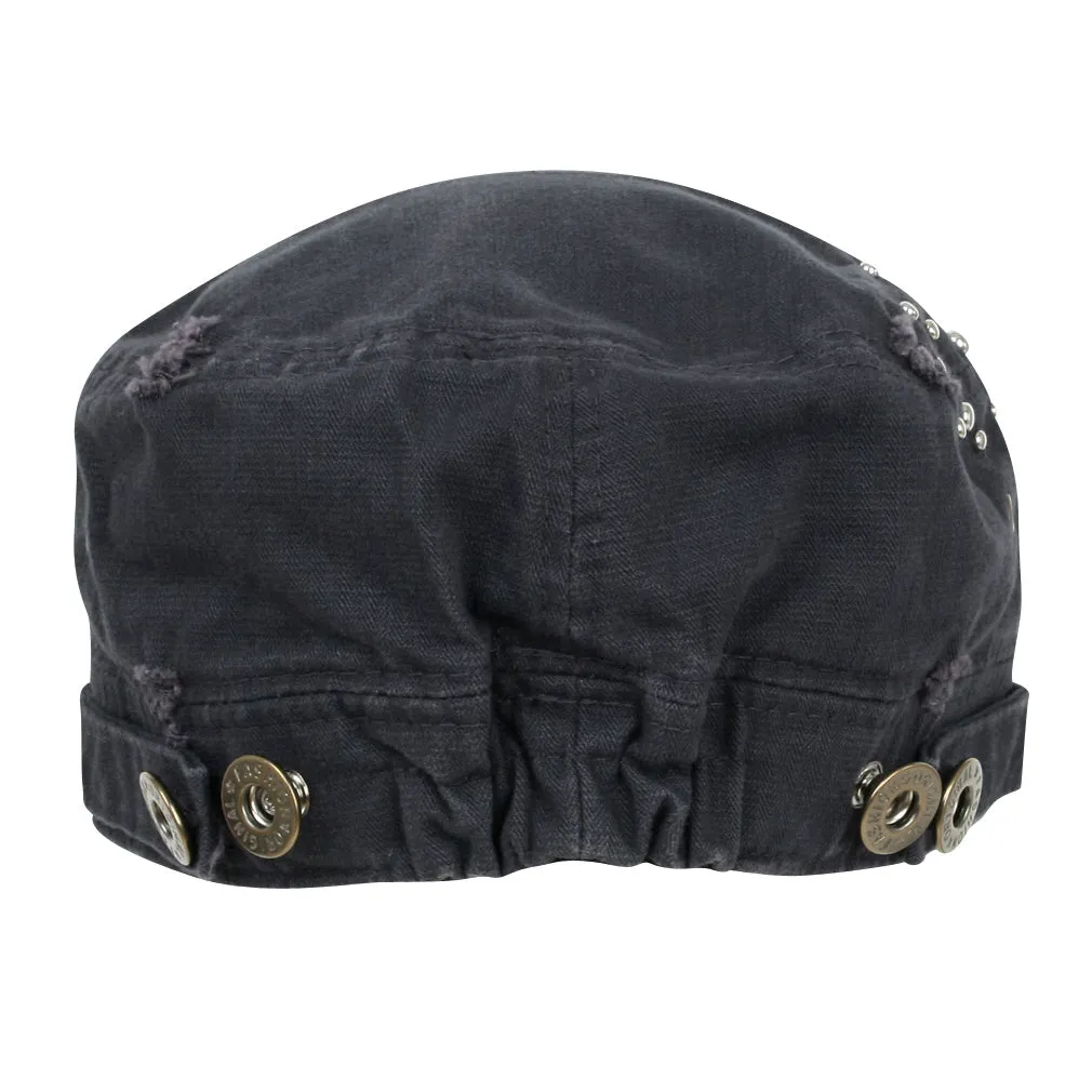 ililily Distressed Military Silver Round Studs Cadet Cap Flex-fit Army Style Hat