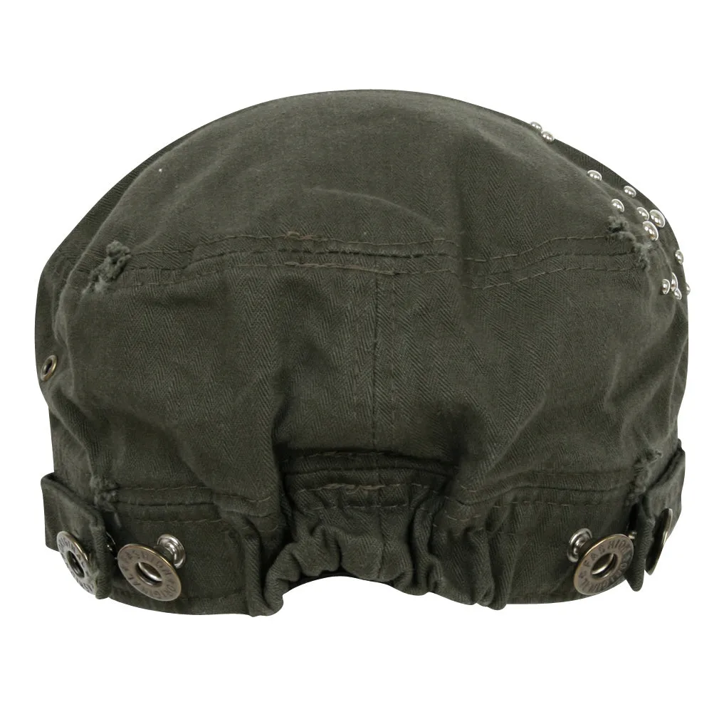 ililily Distressed Military Silver Round Studs Cadet Cap Flex-fit Army Style Hat