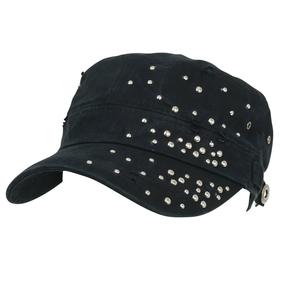 ililily Distressed Military Silver Round Studs Cadet Cap Flex-fit Army Style Hat